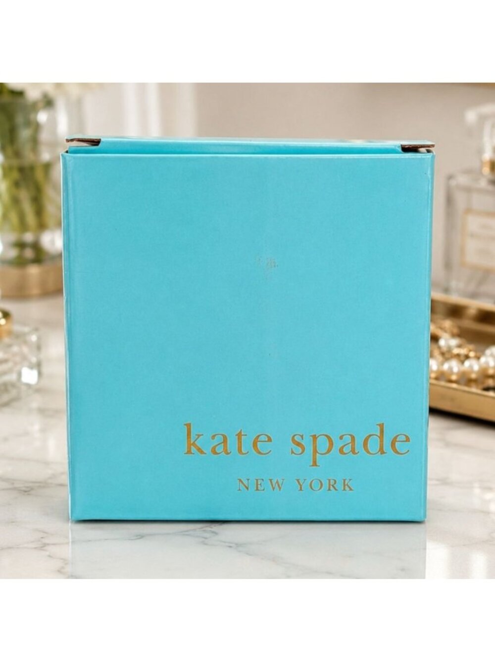 Kate Spade Garden Drive Turquoise Lacquer Square Box w Gold Bow Accent 4”